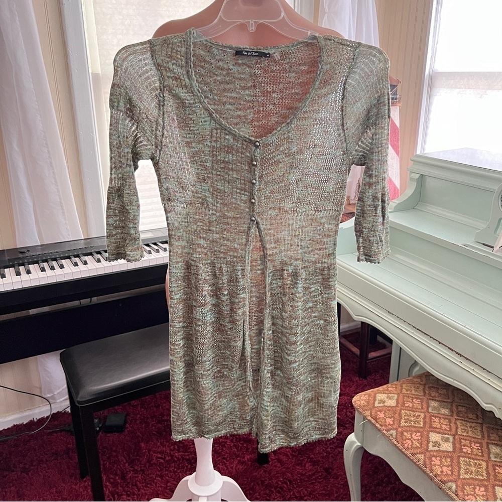 NIC+ZOE Green Linen Blend V-Neck Cardigan - 3/4 Sleeve - Size Small
